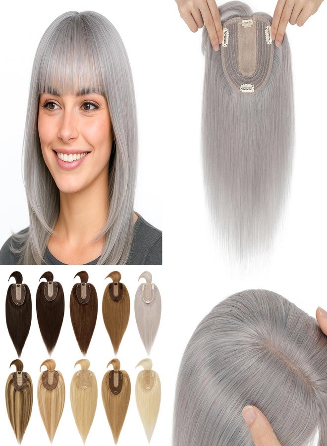 SEGO Grey Hair Toppers for Women Real Human Hair With Bangs, 10 * 12 CM Silk Base Clip In Topper Wiglet, Top Pieces for Women with Thinning Hair -10 Inch #G1 Silver Grey - Image 1